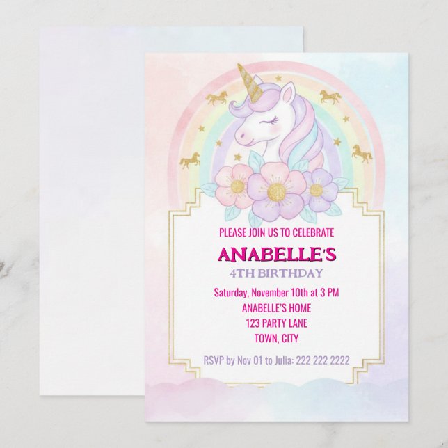 Unicorn Personalized Magical Birthday Invitation   Inbjudningar (Fram/baksida)