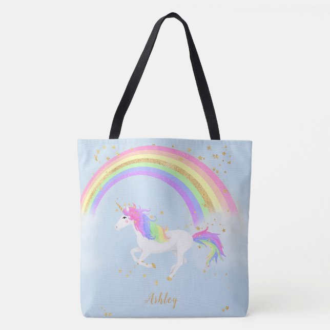 Unicorn Personlig Bag | Guld Rainbow Tygkasse (Framsida)