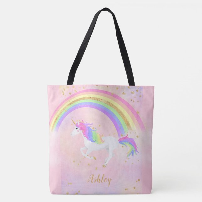 Unicorn Personlig Bag | Rosa Guld Rainbow Tygkasse (Framsida)
