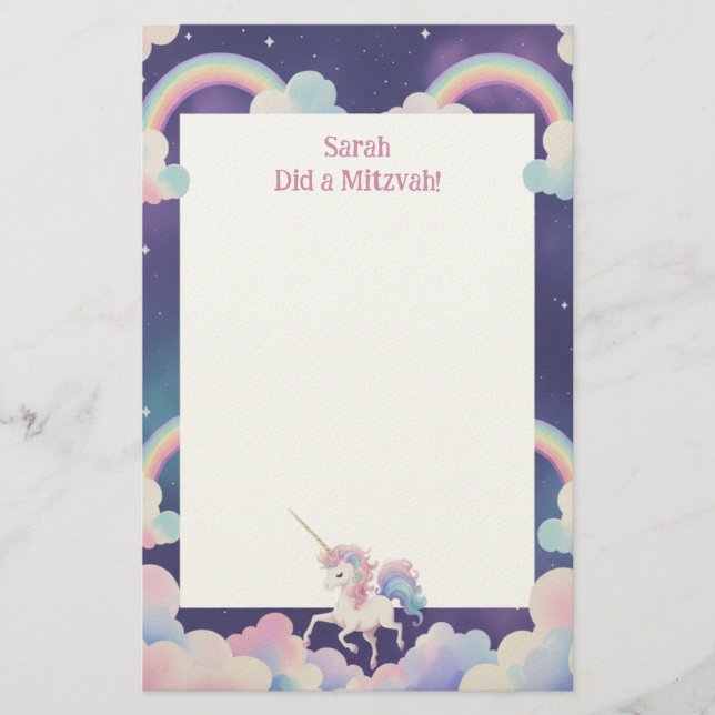 Unicorn Personlig Mitzvah Note Brevpapper (Framsida)