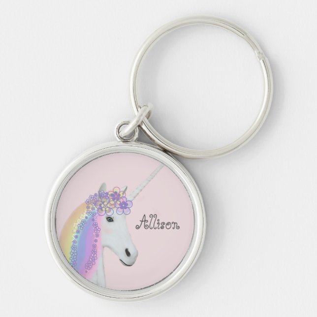 Unicorn Personlig Rainbow Rosa Round Rund Silverfärgad Nyckelring (Framsidan)