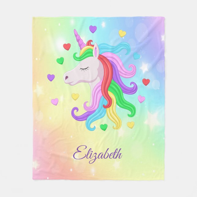 Unicorn Pony Rainbow Stars Pastel Girly Fleecefilt (Framsidan)