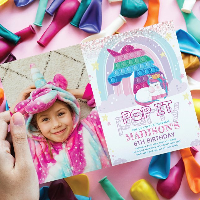 Unicorn Pop it Birthday Photo Party-inbjudan Inbjudningar (Skapare uppladdad)