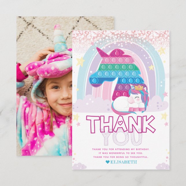 Unicorn Pop it Birthday Photo Tack Kort (Fram/baksida)