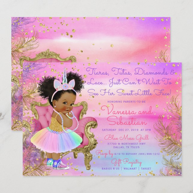 Unicorn Princess African American Glitter Gems Inbjudningar (Fram/baksida)