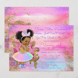 Unicorn Princess African American Glitter Gems Inbjudningar