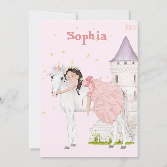 Unicorn Princess Age Mörk Hair Birthday Inbjudningar (Baksida)