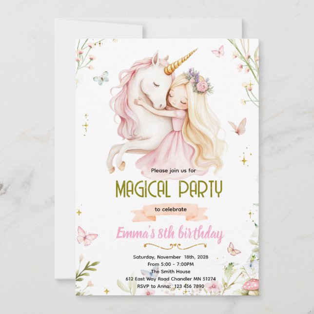 Unicorn Princess Birthday Invitation Inbjudningar (Framsida)