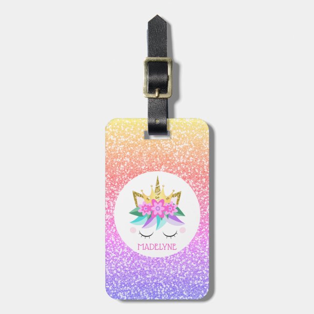 Unicorn Princess Glitter Personlig Namn Bagagebricka (Vertikal Framsida)