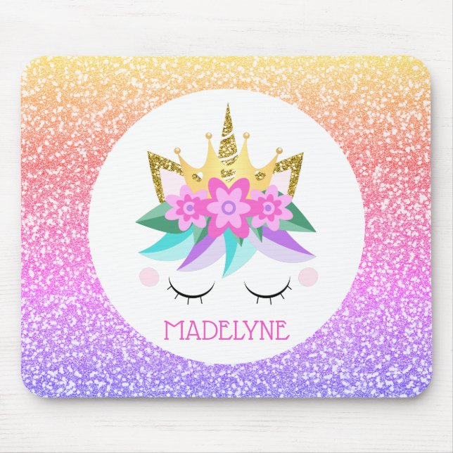Unicorn Princess Glitter Personlig Namn Musmatta (Framsidan)