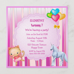 Unicorn, Princess Kattunge & ballongpartyinbjudan Inbjudningar