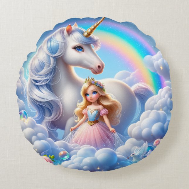Unicorn Princess Pillow - Pastel Fairytale Rund Kudde (Framsidan)