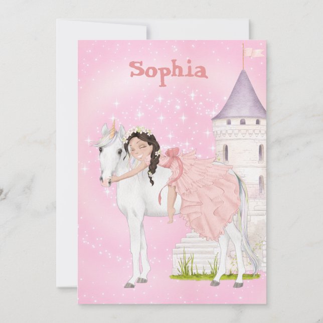 Unicorn Princess Stars Age Mörk Hair Birthday Inbjudningar (Baksida)