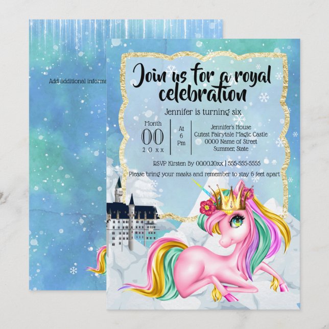 Unicorn princess vintersagitslott för snö inbjudningar (Fram/baksida)