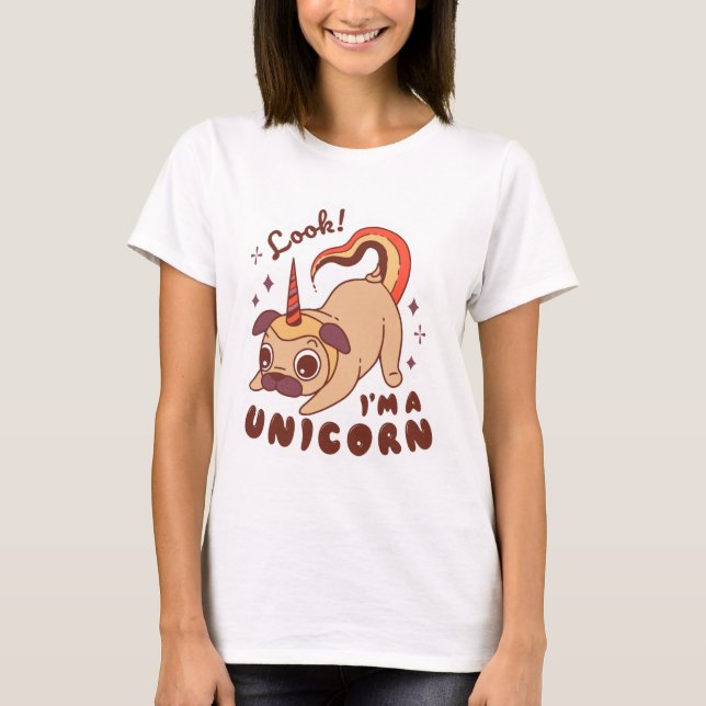 Unicorn Pug Hund T Shirt (Framsida)