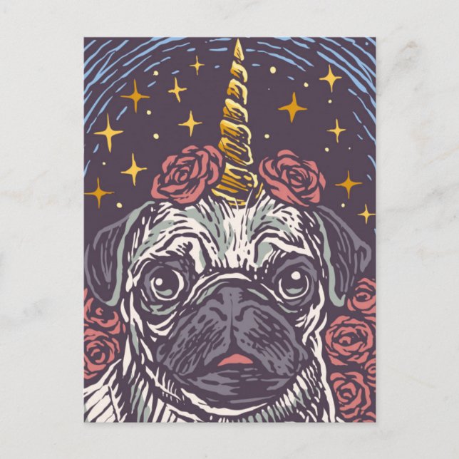 Unicorn Pug-vykort för födelsedagsdagen Vykort (Framsida)