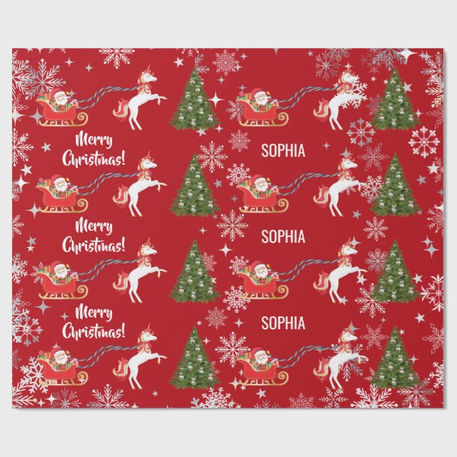 Unicorn Pulling Santa's Sleigh Snow Personalized  Presentpapper (Platt)