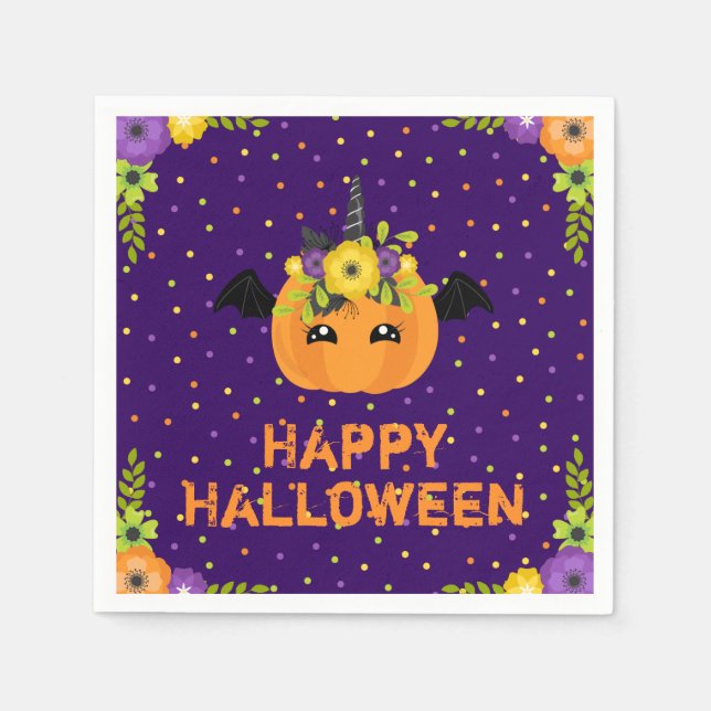 Unicorn Pumpkin Happy halloween Lila Napkins Pappersservett (Framsidan)