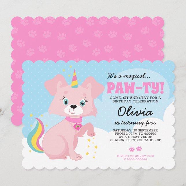 Unicorn Puppy - Unipuppy Girly Birthday Inbjudningar (Fram/baksida)