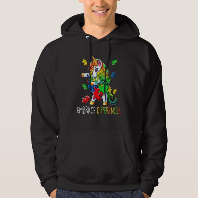 Unicorn Puzzle Autism Awareness Embrace Difference Hoodie (Framsida)