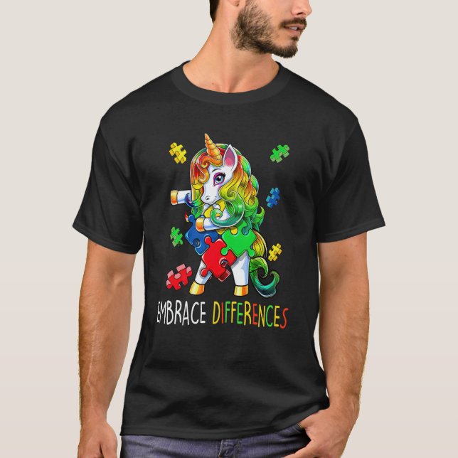 Unicorn Puzzle Autism Awareness Embrace Difference T Shirt (Framsida)