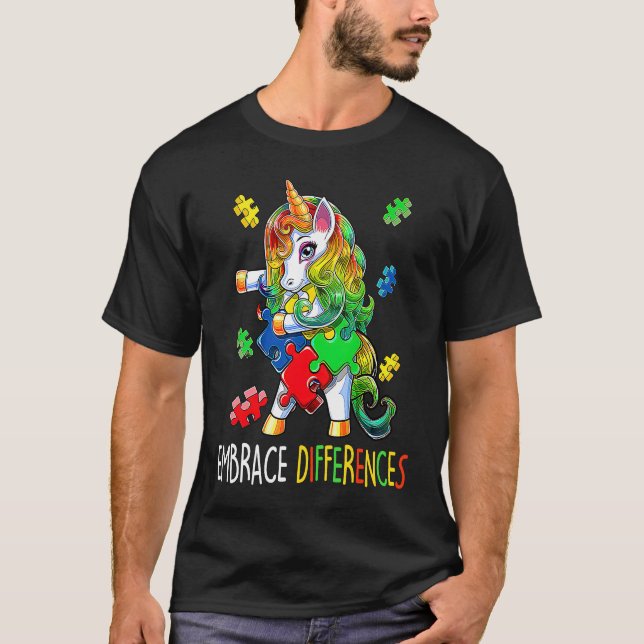 Unicorn Puzzle Autism Awareness Embrace Difference T Shirt (Framsida)
