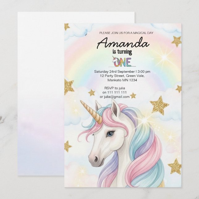 Unicorn Rainbow 1st Birthday Party Invitation Inbjudningar (Fram/baksida)