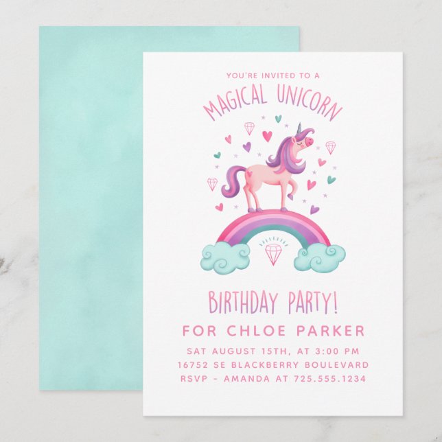 Unicorn Rainbow Birthday-inbjudan Inbjudningar (Fram/baksida)