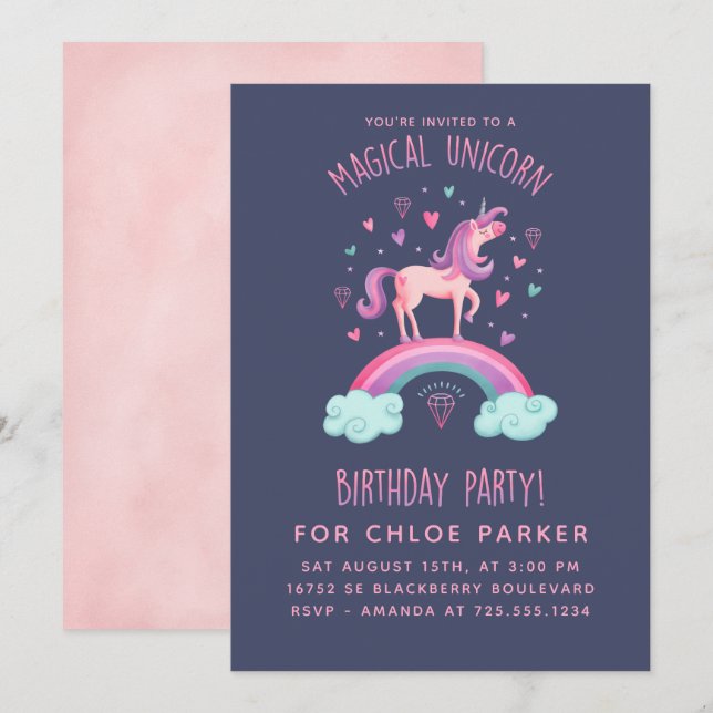 Unicorn Rainbow Birthday-inbjudan Inbjudningar (Fram/baksida)