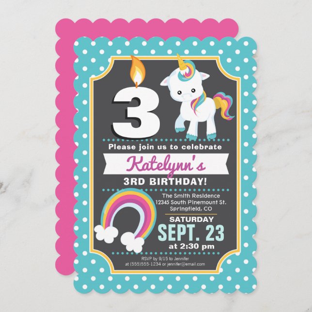 Unicorn & Rainbow Birthday-inbjudan Inbjudningar (Fram/baksida)