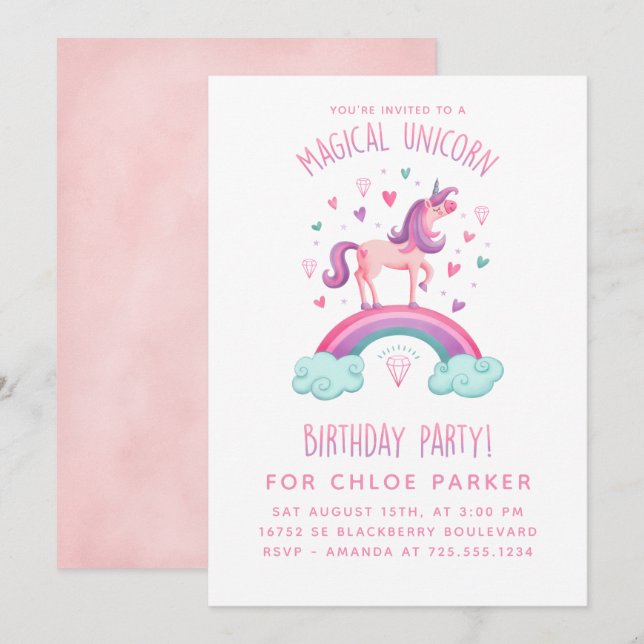 Unicorn Rainbow Birthday-inbjudan Inbjudningar (Fram/baksida)