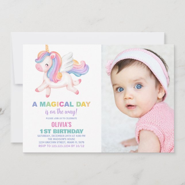 Unicorn Rainbow Birthday-inbjudningar med foto Inbjudningar (Framsida)