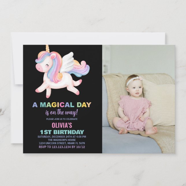 Unicorn Rainbow Birthday-inbjudningar med foto Inbjudningar (Framsida)