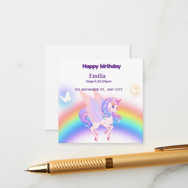 Unicorn Rainbow Birthday Invitation Enclosure Card Tilläggskort (Fram/Back In Situ)