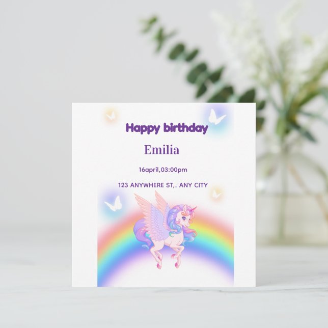 Unicorn Rainbow Birthday Invitation  Flat Card (Stående Fram)