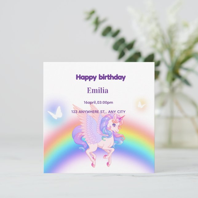 Unicorn Rainbow Birthday Invitation Flat Card (Stående Fram)