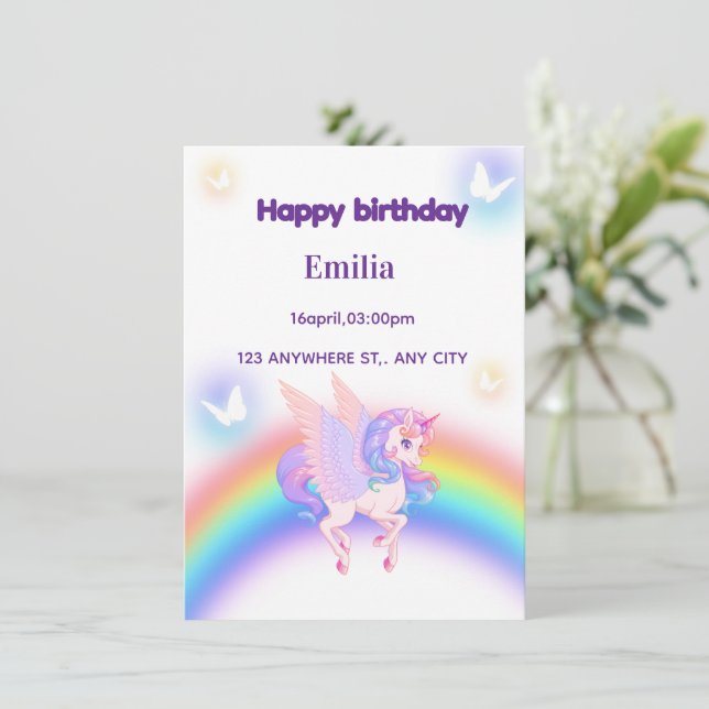 Unicorn Rainbow Birthday Invitation  Inbjudningar (Stående Fram)