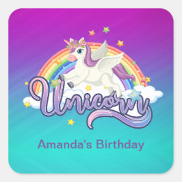 Unicorn Rainbow Birthday Magic Whimiscal Fyrkantigt Klistermärke