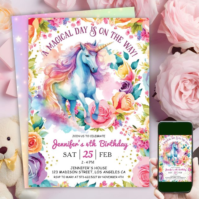 Unicorn Rainbow Blommigt Bloom | 4E FÖDELSEDAGEN Inbjudningar (#UnicornBirthdayInvitation #UnicornBirthdayInvitationTemplate #UnicornBirthdayInvitationEditable )