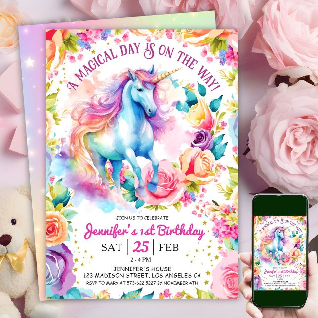 Unicorn Rainbow Blommigt Bloom | Första födelsedag Inbjudningar (#UnicornBirthdayInvitation #UnicornBirthdayInvitationTemplate #UnicornBirthdayInvitationEditable 
)