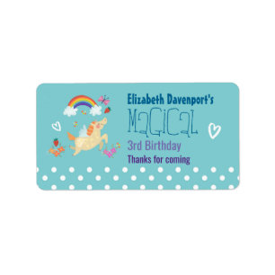 Unicorn Rainbow Clouds and Flowers Birthday Tack Adressetikett