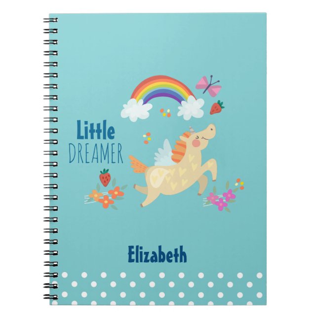 Unicorn Rainbow Clouds and Flowers Little Dreamer Anteckningsbok (Framsidan)