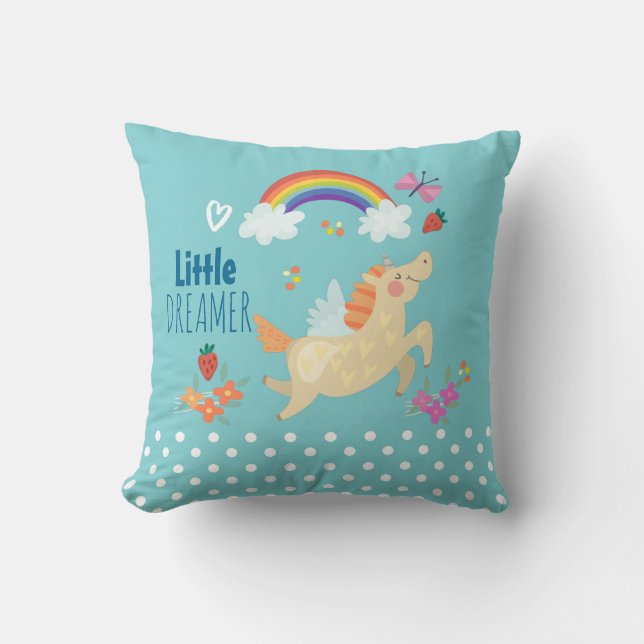 Unicorn Rainbow Clouds and Flowers Little Dreamer Kudde (Framsida)