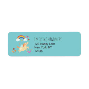 Unicorn Rainbow Clouds and Flowers Returadress Etikett