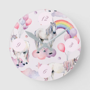 Unicorn Rainbow Clouds Rosa FairyTale Balloon Girl Rund Klocka