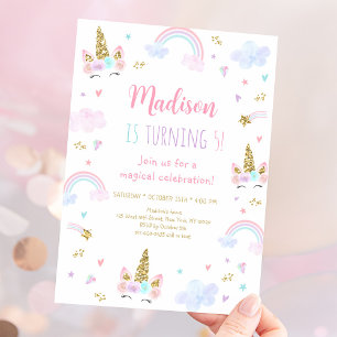 Unicorn Rainbow Clouds Rosa Guld Birthday Inbjudningar