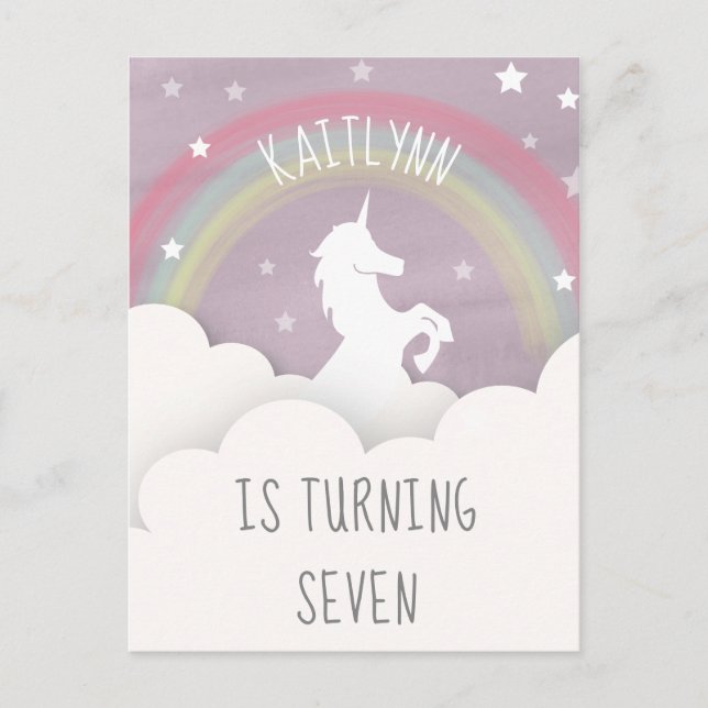 Unicorn Rainbow Clouds Stars Birthday Inbjudan Vykort (Framsida)