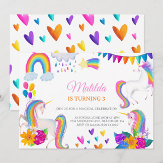 Unicorn Rainbow Colorful Birthday Invitation Inbjudningar