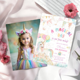 Unicorn Rainbow Cute Pastel Photo Birthday Inbjudningar