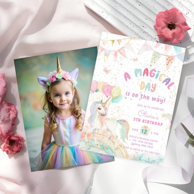 Unicorn Rainbow Cute Pastel Photo Birthday Inbjudningar (Skapare uppladdad)